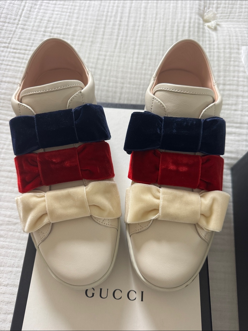 Gucci White Leather Slip-On Sneakers with Navy, Red & Cream Velvet Bows
